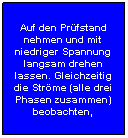 Flussdiagramm: Prozess: Auf den Prfstand nehmen und mit niedriger Spannung langsam drehen lassen. Gleichzeitig die Strme (alle drei Phasen zusammen) beobachten,
